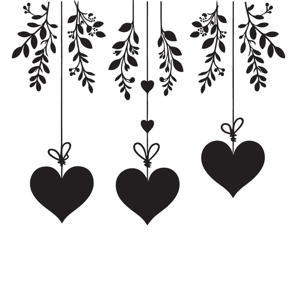 Hanging Hearts with Botanical Accents Silhouette Illustration vector