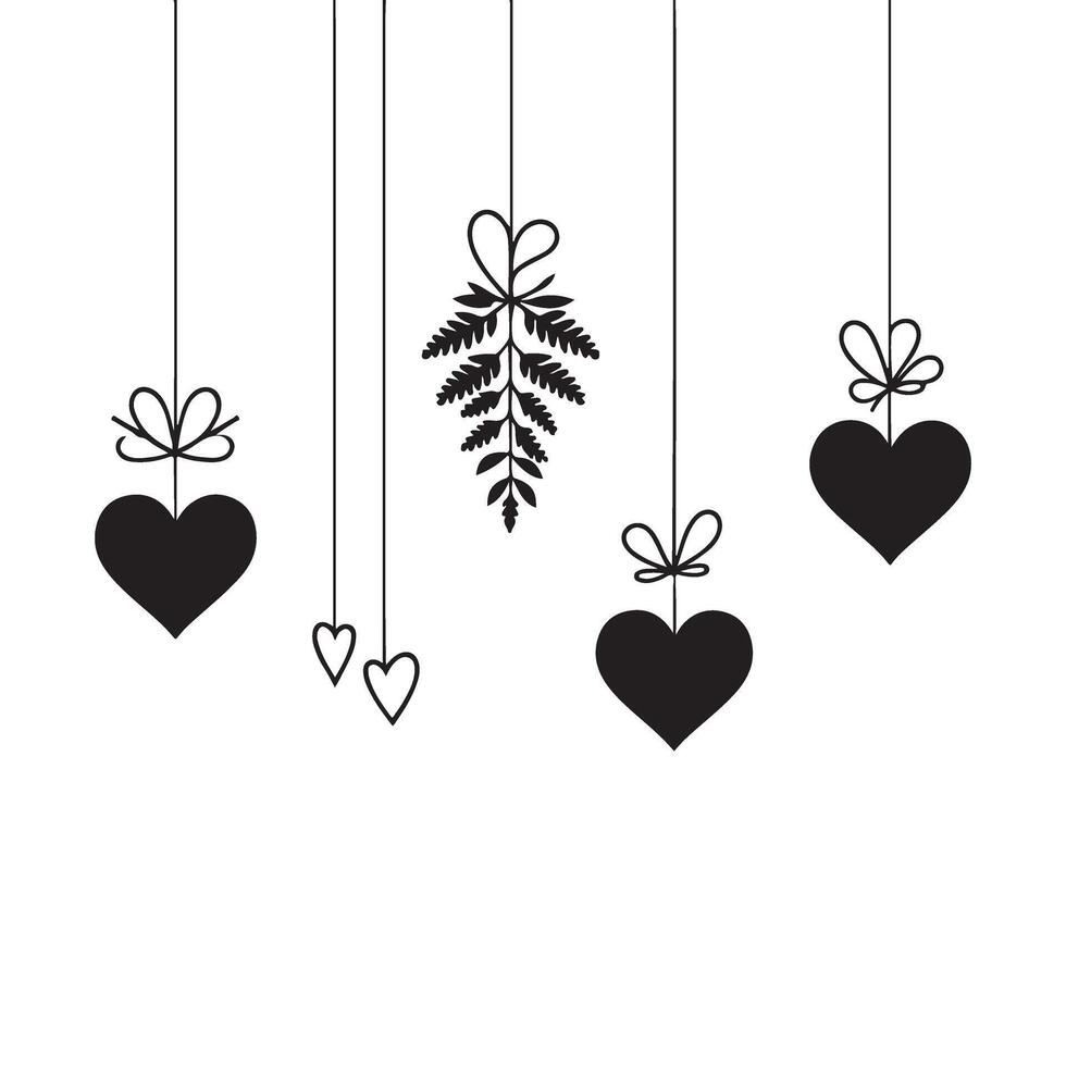 Hanging Hearts and Leaves Silhouette Decorative Illustrations vector