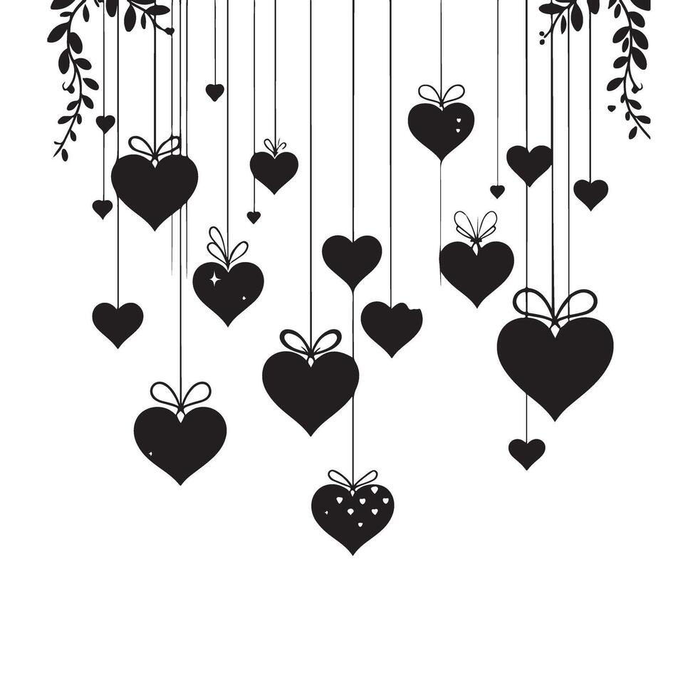 Elegant Hanging Heart Decorations Black Silhouette Illustration for Celebrations vector