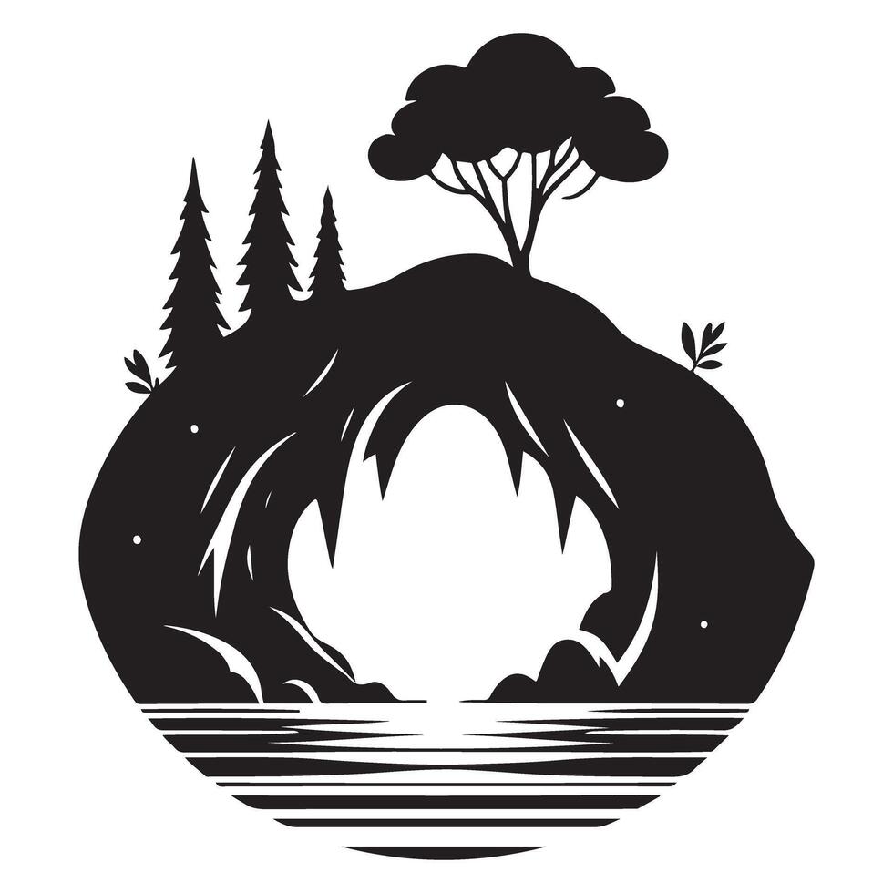 Stunning Silhouette Landscape Illustration of a Natural Bridge with Water vector