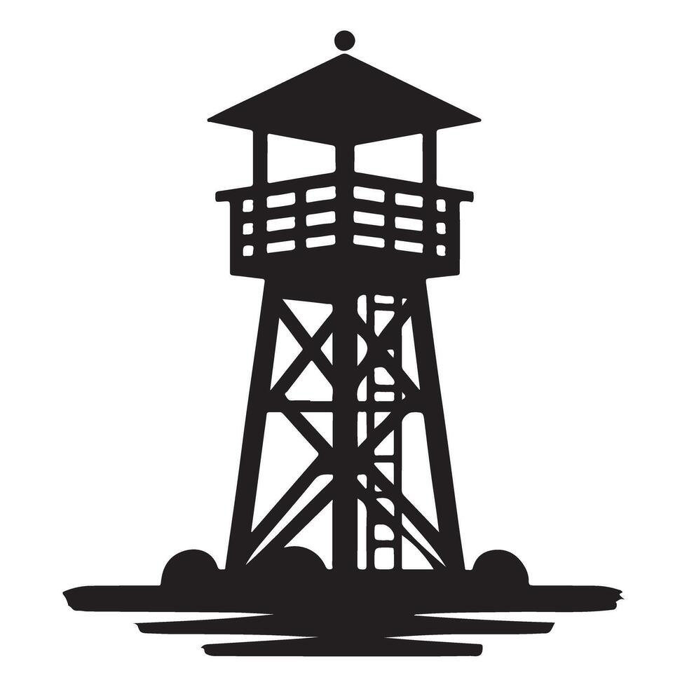 Silhouette of vintage lookout tower structure near water illustration vector