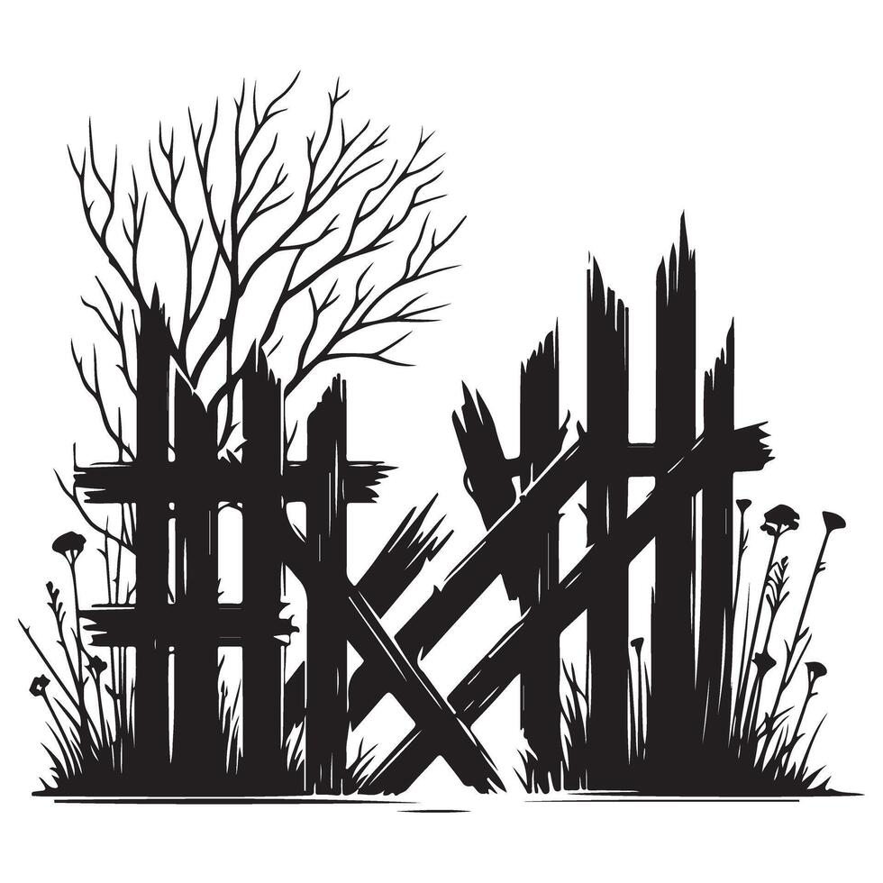 Abandoned Gate Illustration A Spooky Silhouette with Bare Tree vector