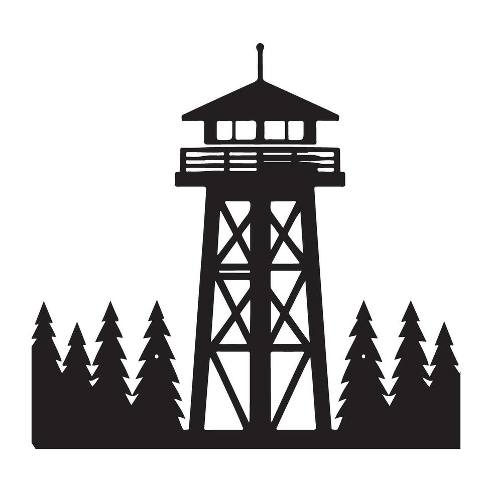 Black Silhouette Forest Lookout Tower Graphic Illustration Design vector