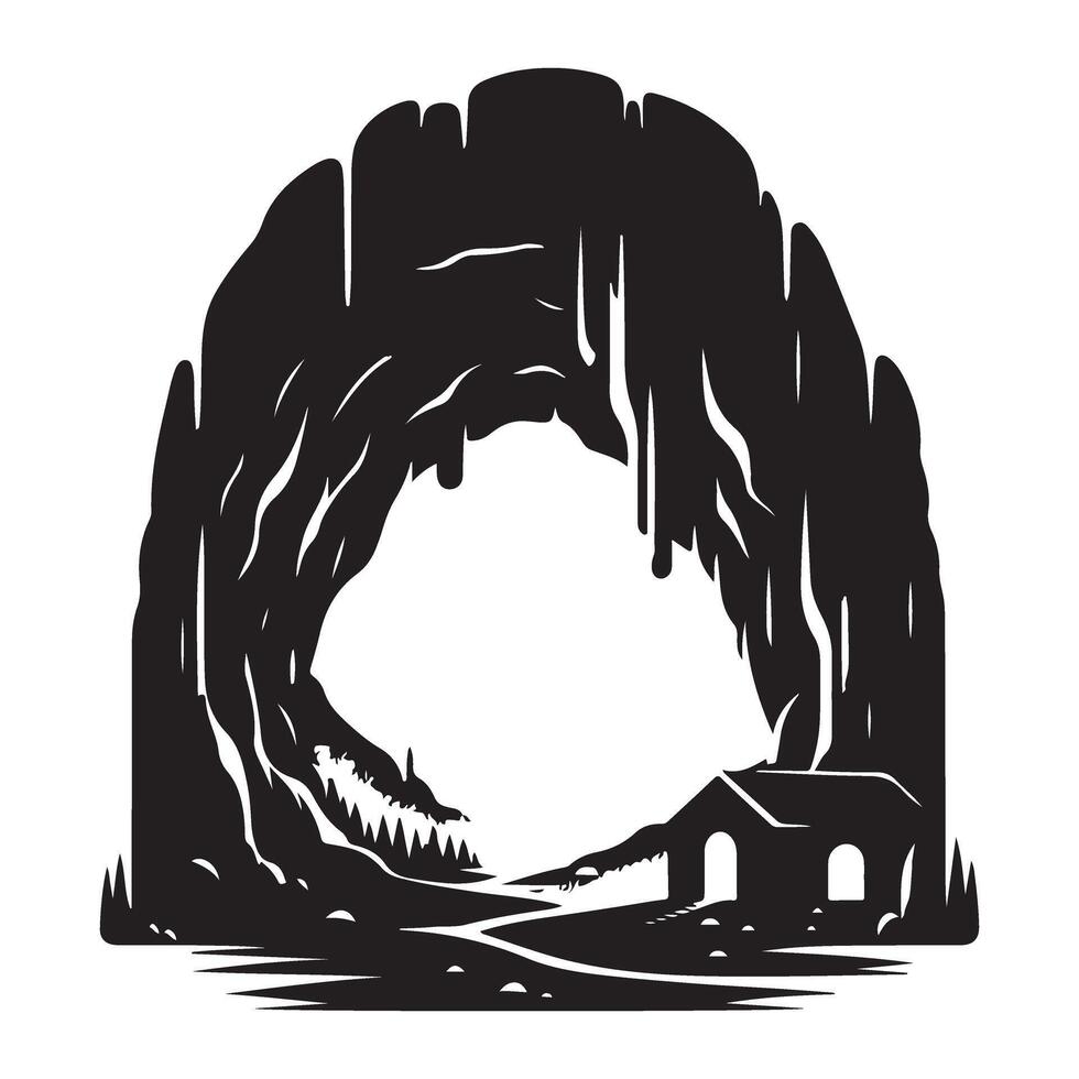 Cave entrance silhouette illustration mysterious adventure location vector