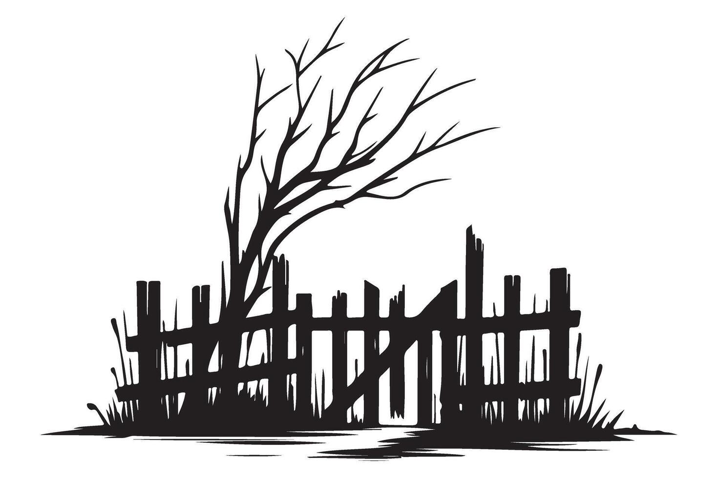 Silhouette of Decayed Tree Next to Broken Fence Illustration vector