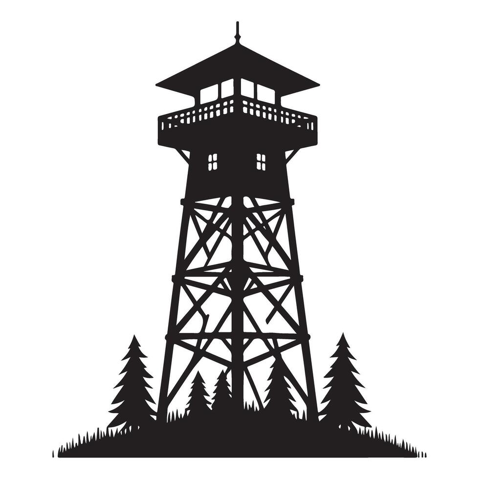 Forest Fire Lookout Tower Silhouette Graphic Illustration Design vector