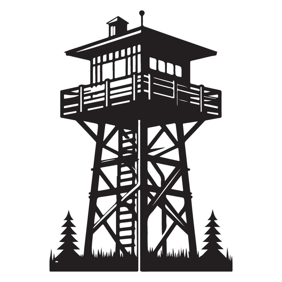 Detailed Fire Lookout Tower Silhouette Art for Wildfire Prevention vector