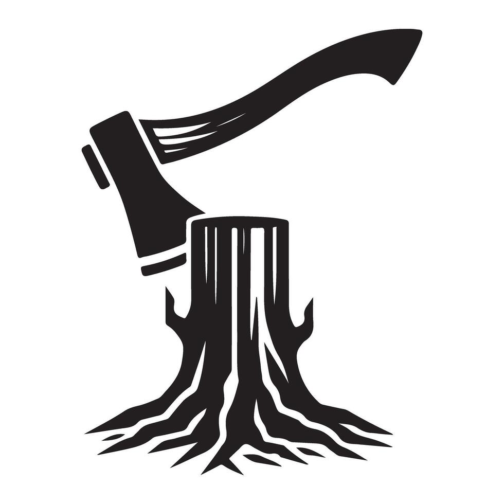 Axe Chopping Tree Stump Silhouette Representing Deforestation and Loss vector