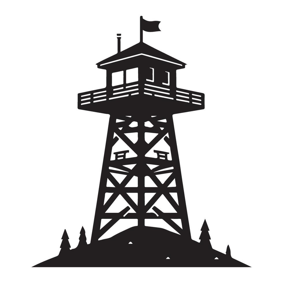 Detailed Lookout Tower Forest Silhouette Illustration Design vector