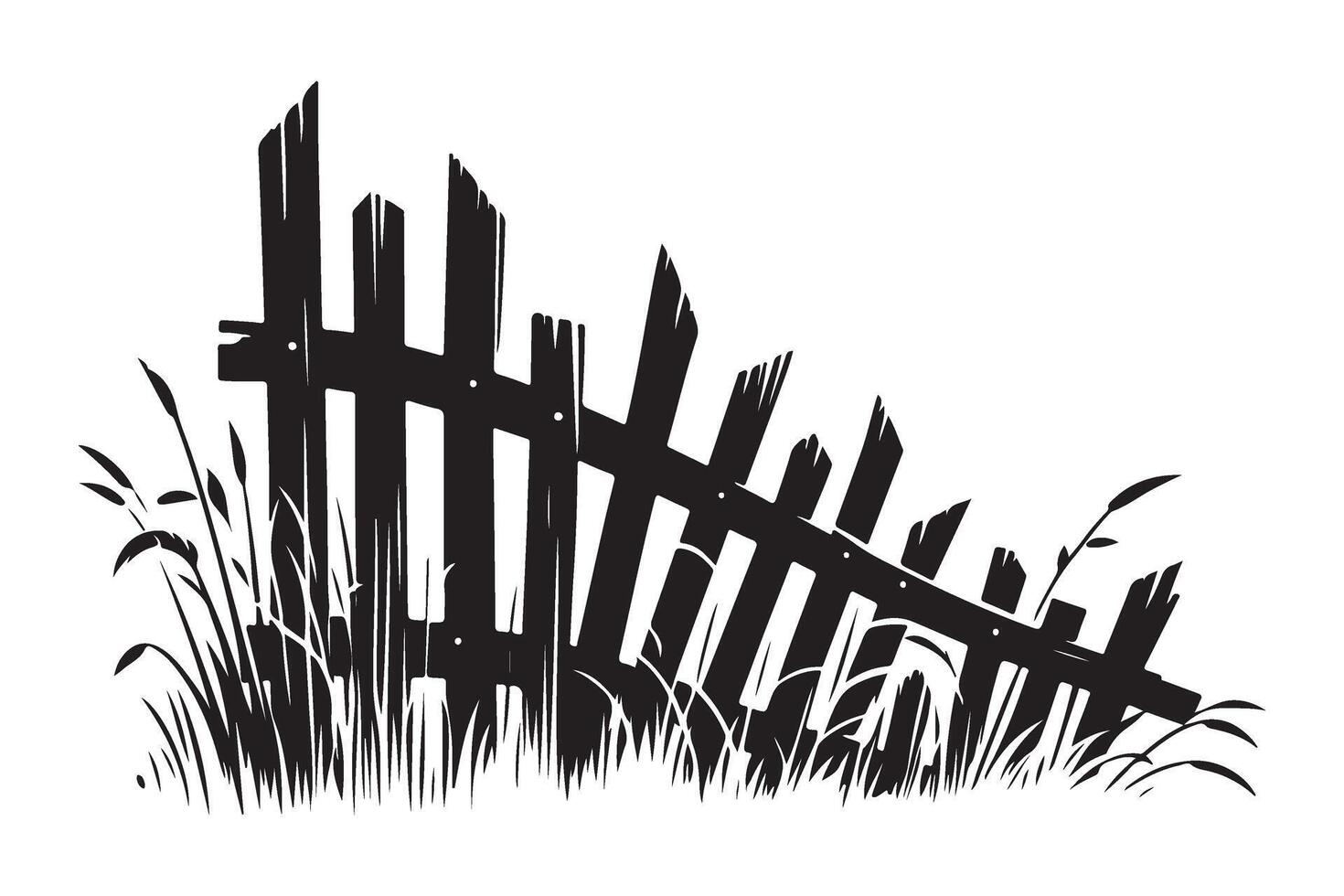 Rustic Leaning Silhouette Fence Illustration Overgrown Grass Scene vector