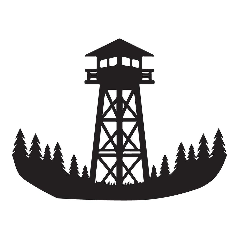 Forest Fire Watch Tower Black Silhouette Illustration for Safety vector