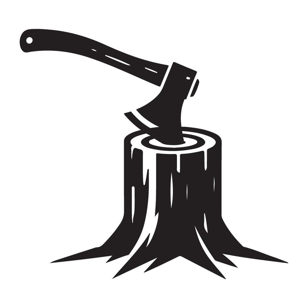 Axe in stump silhouette illustration for lumberjack forestry themes vector