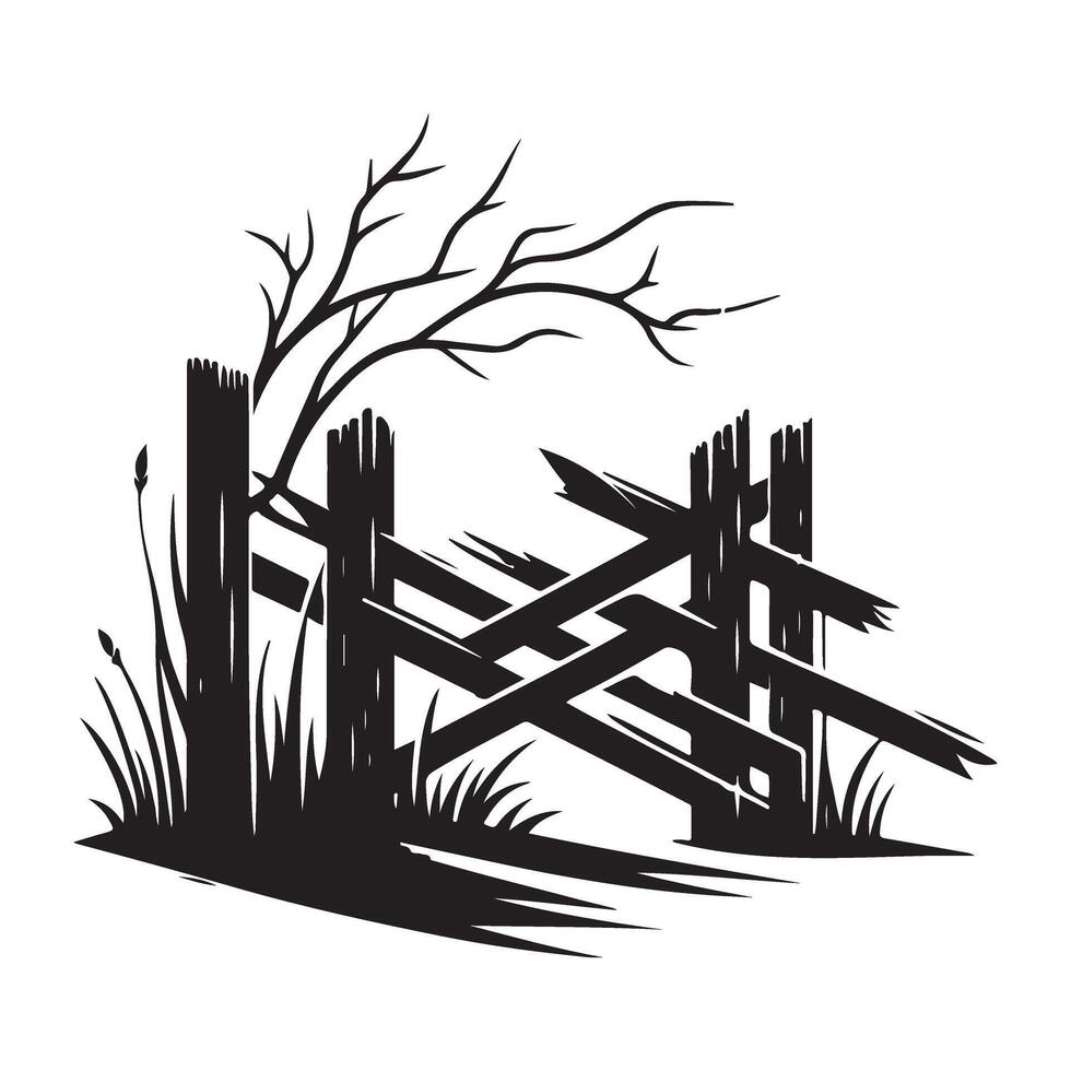 Broken Wooden Fence Silhouette Illustration with Tree and Grass vector