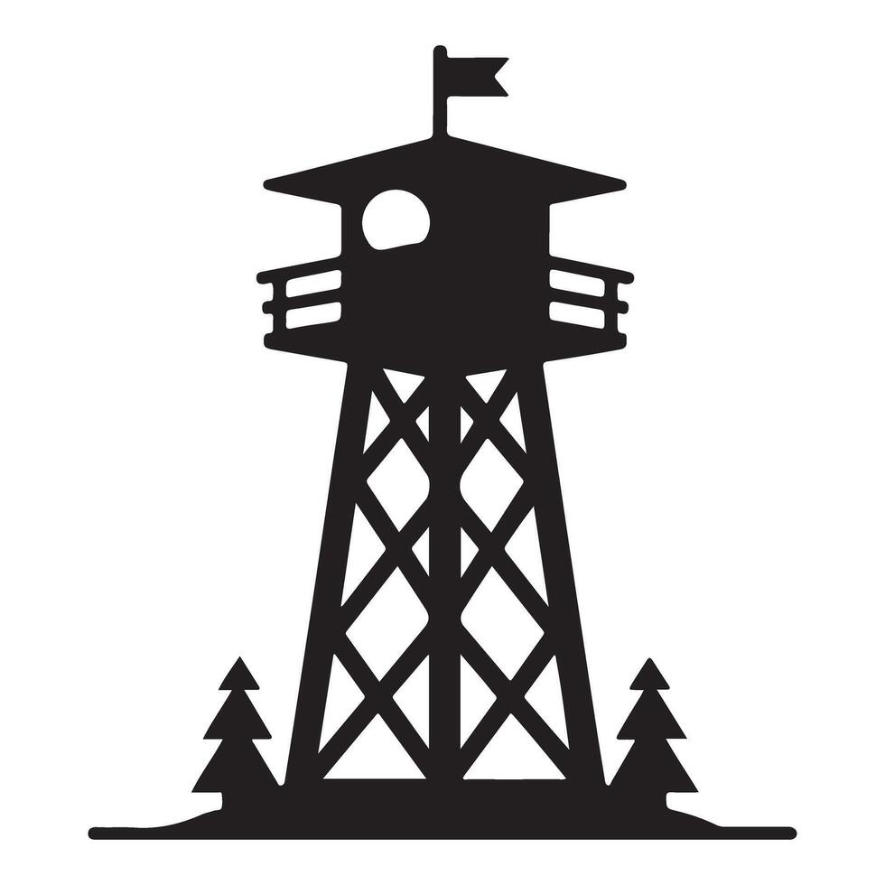 Black Silhouette Lookout Tower Forest Graphic Illustration Design vector
