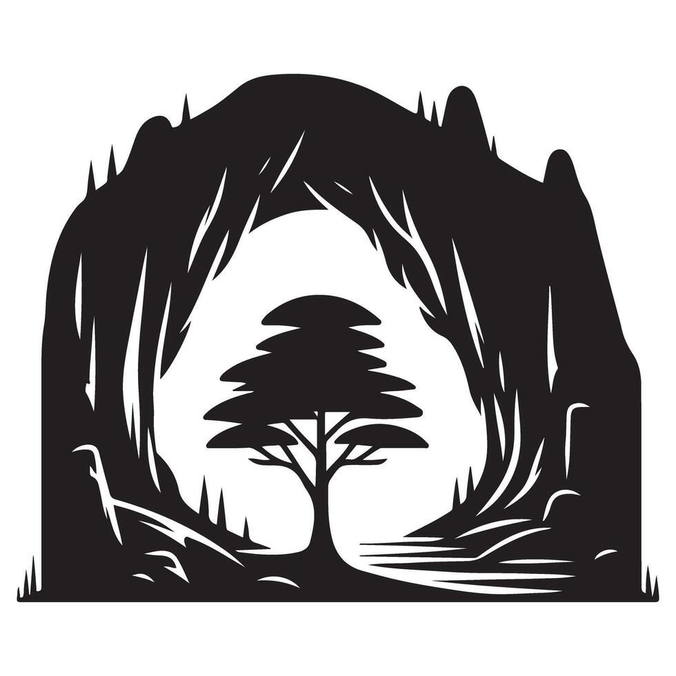Black Silhouette Tree in Cave Entrance Illustration Graphic vector