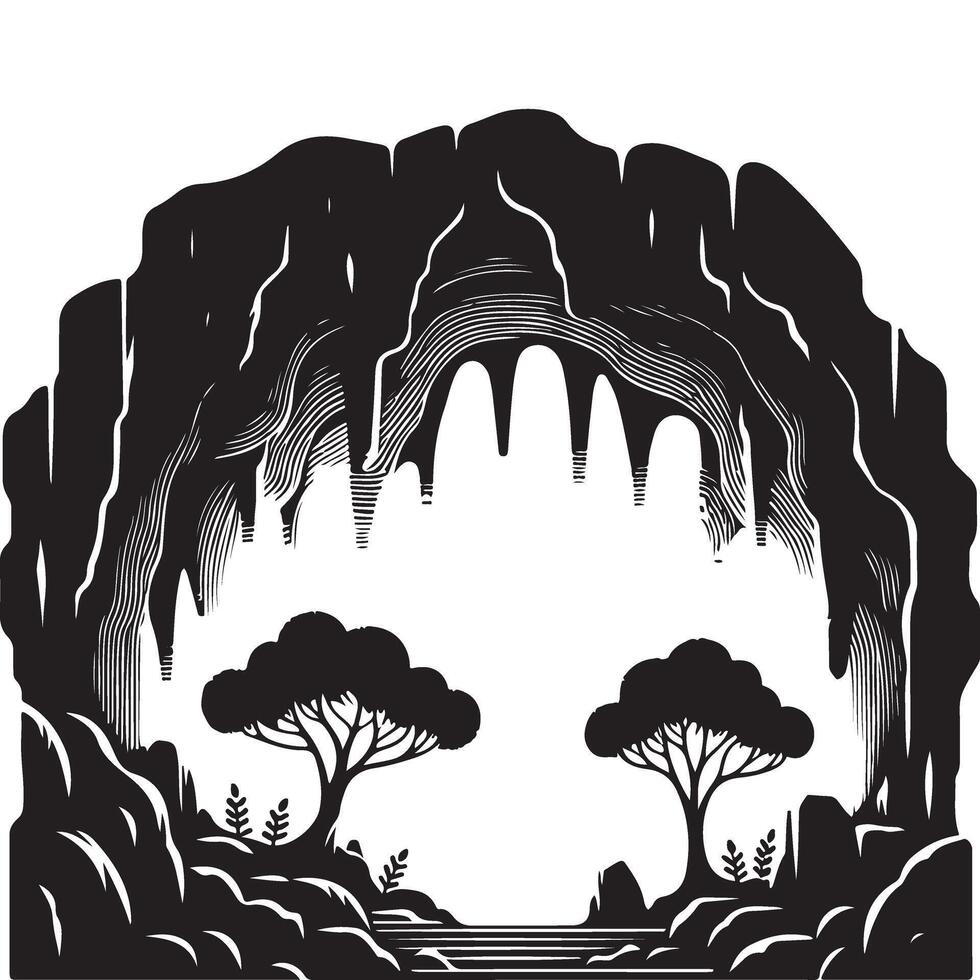 Intricate Silhouette Cave Entrance Art with Trees vector