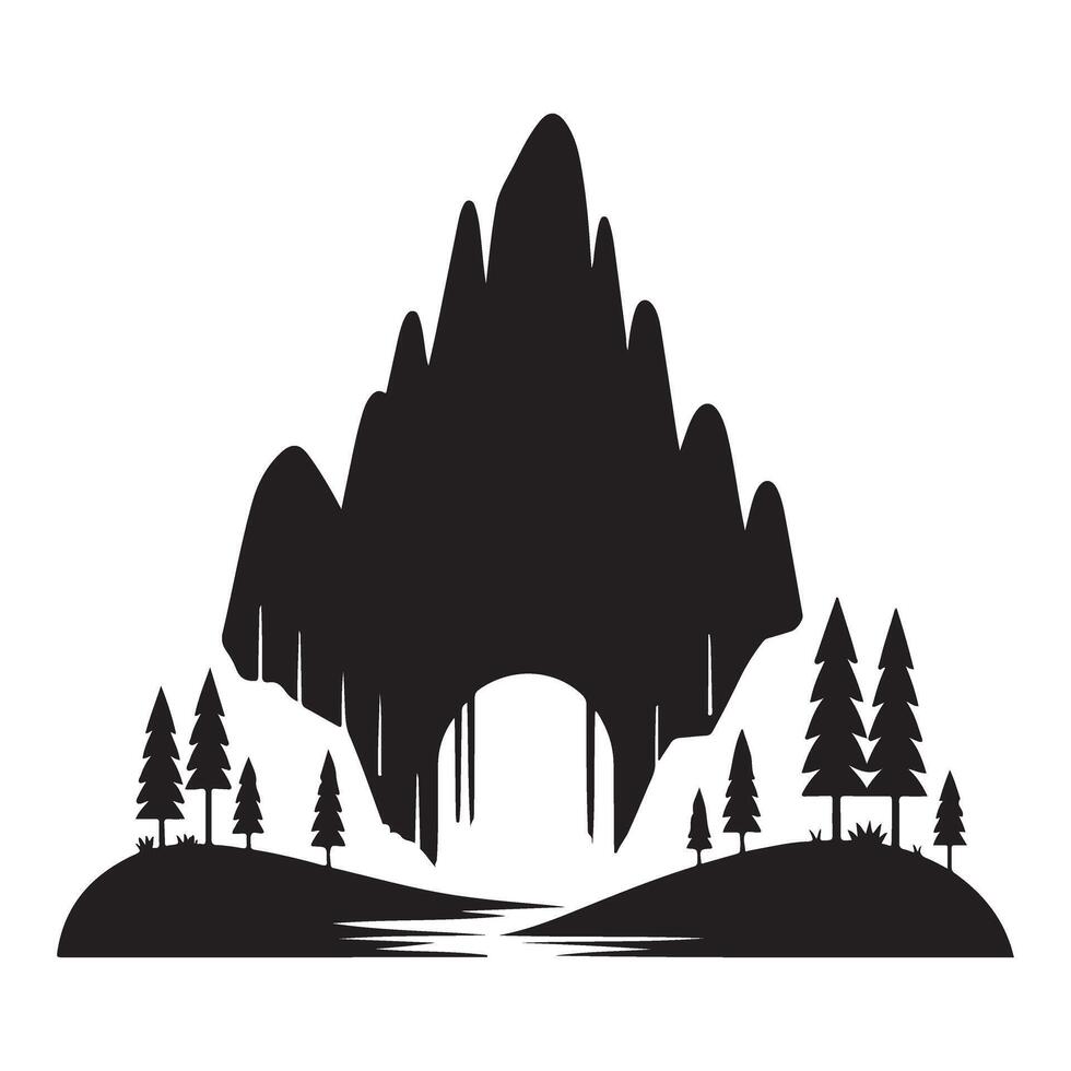 Silhouette Mountain Landscape with Trees River and Cave Illustration vector