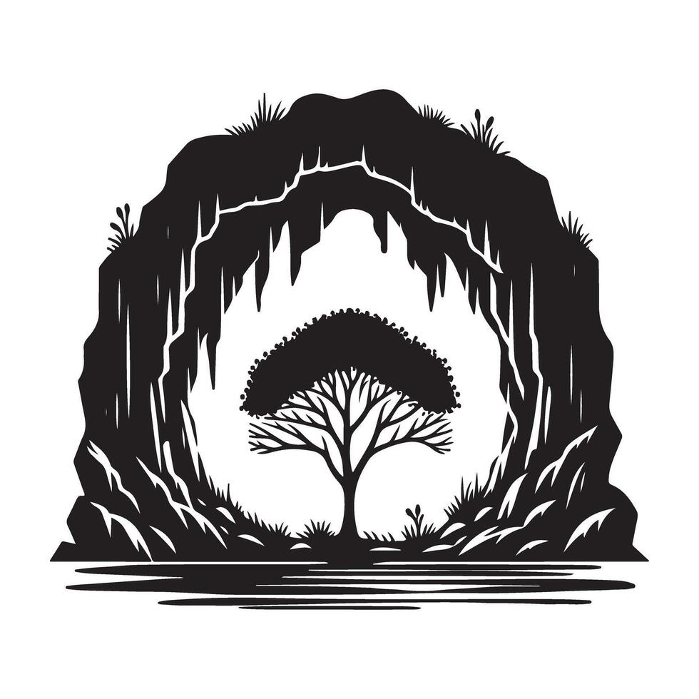 Cave Entrance Silhouette with Tree Symbolism Nature Illustration Art vector