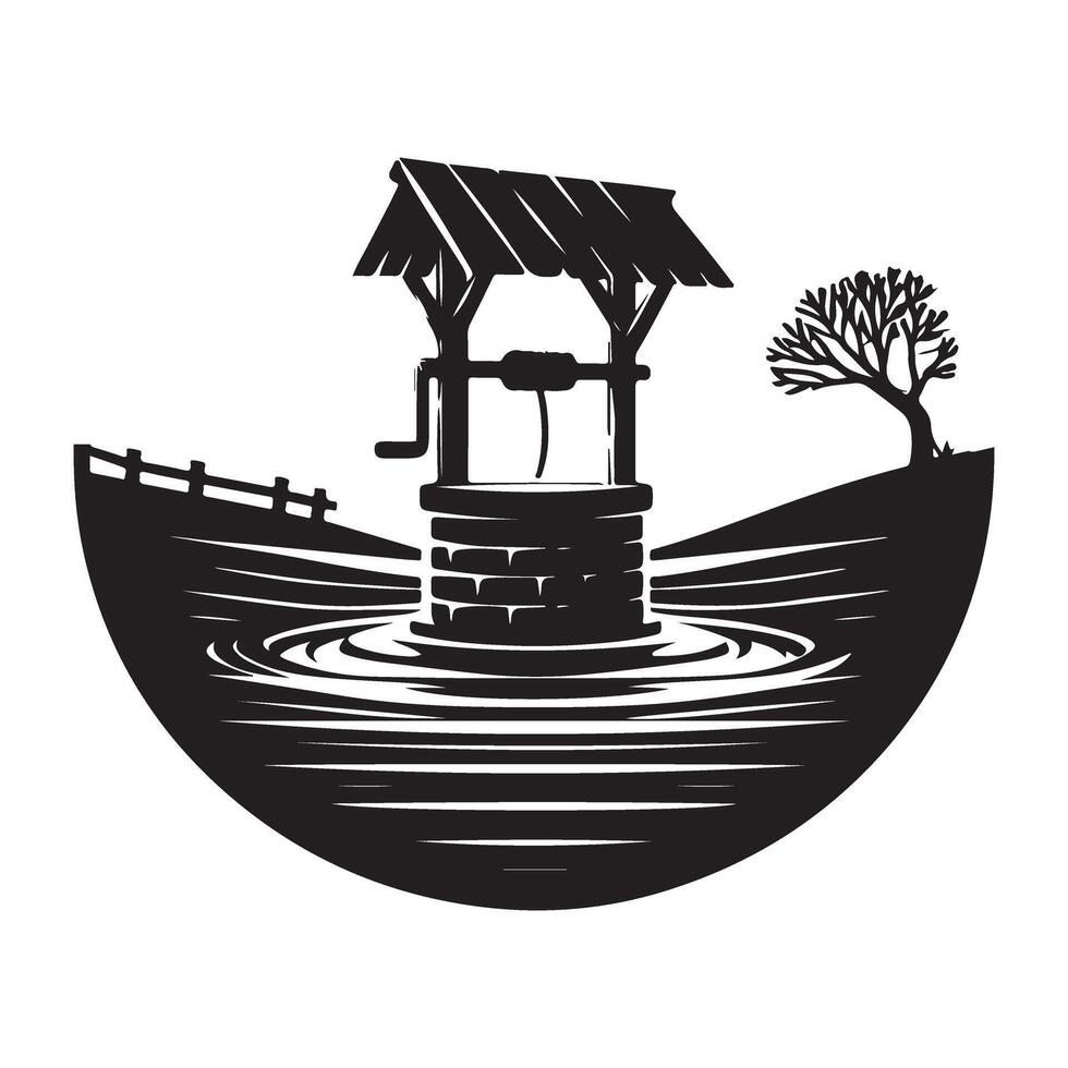 Scenic Water Well with Tree Silhouette Illustration Design vector
