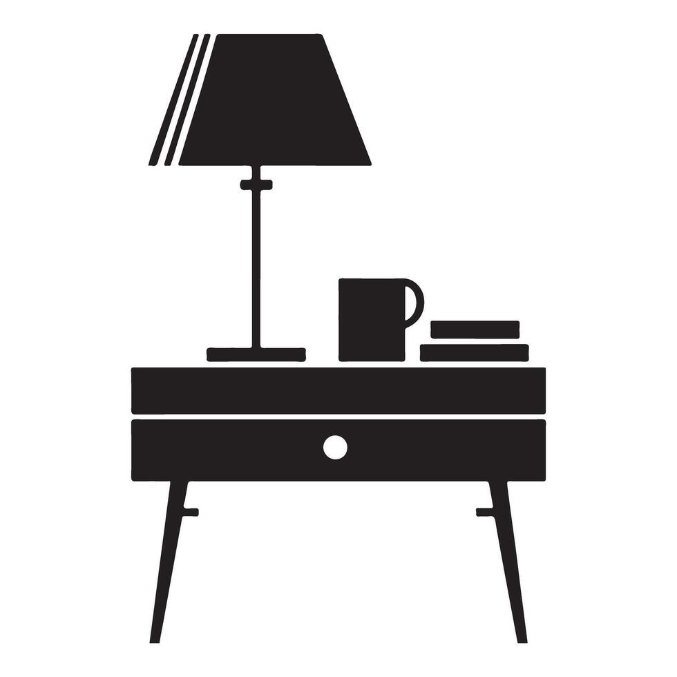 Nightstand Silhouette with Lamp, Mug and Books Art Illustration vector