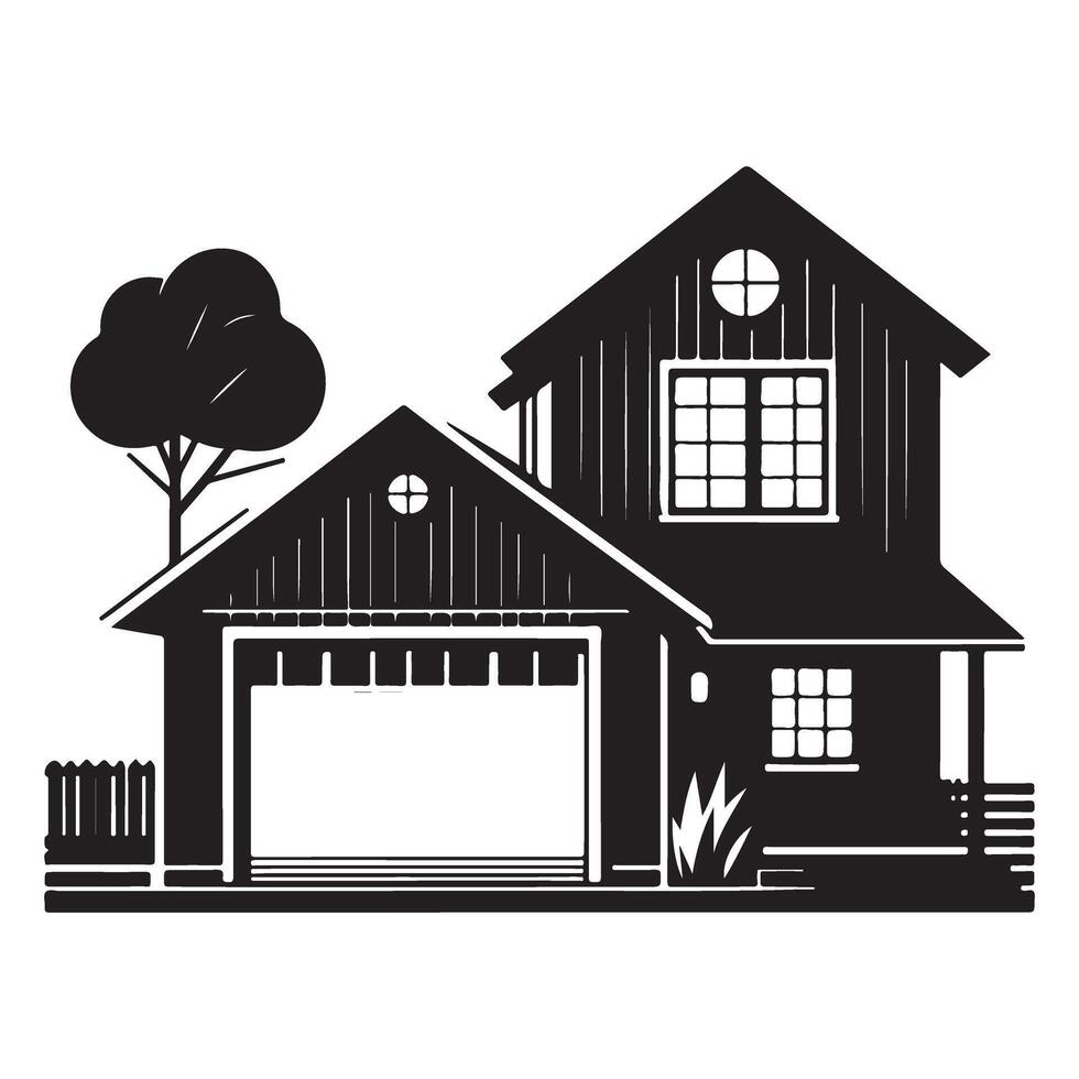 House with attached garage and Tree Illustration for Design vector