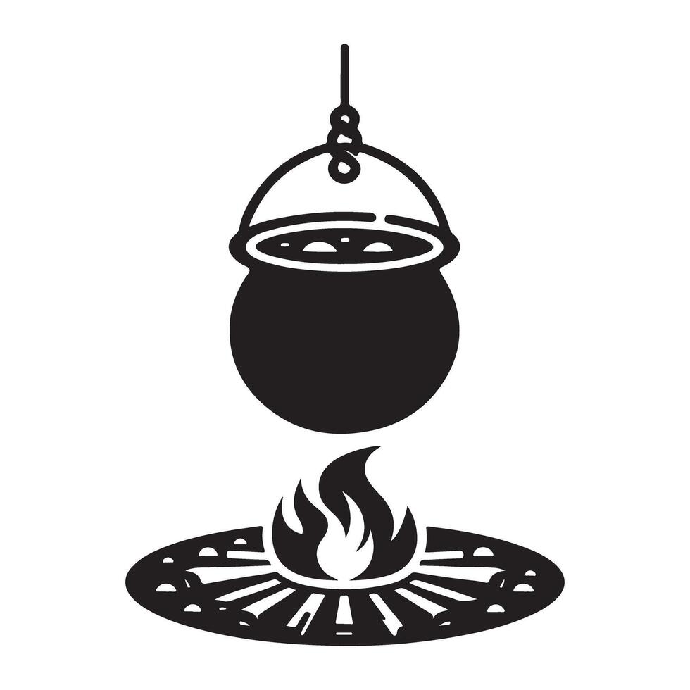 Hanging Cauldron Above Campfire An Illustrated Cooking Scene vector