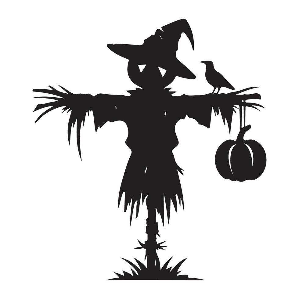 Spooky Halloween Scarecrow Silhouette with Crow and Pumpkin Design vector