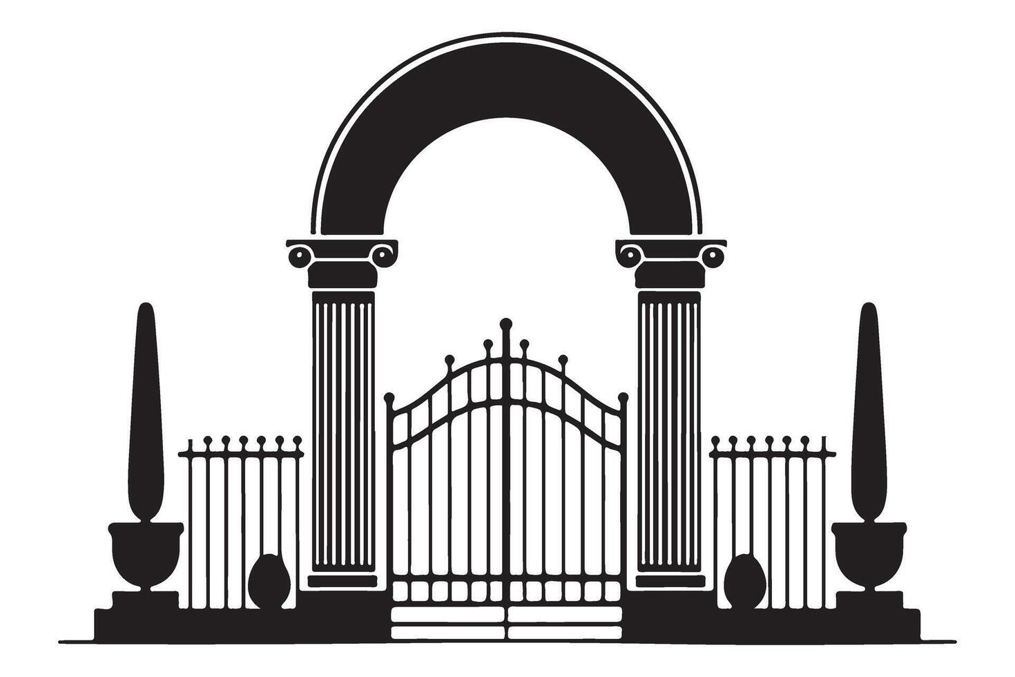 Ornate Estate Gate Silhouette Illustration with Columns and Urns vector