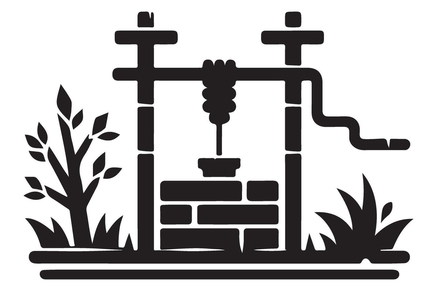 Vintage Water Well Black Silhouette Illustration with Tree vector