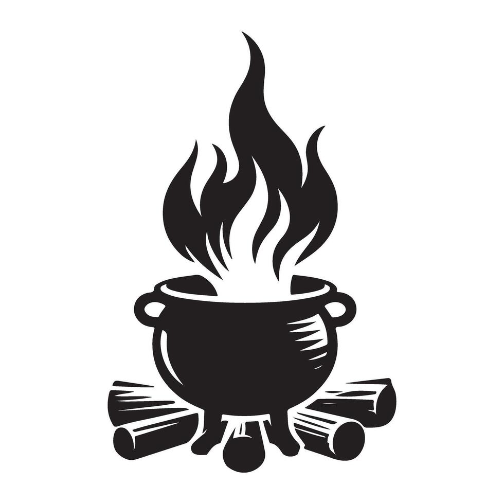 Cauldron with Fire and Wood Silhouette Graphic Image vector