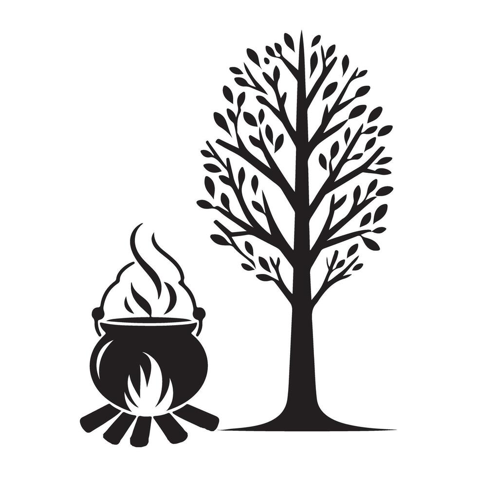 Cauldron by a tree simple silhouette illustration design vector