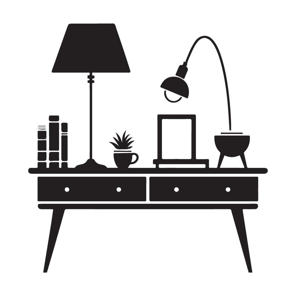 Desk Silhouette with Lamps, Books, Plant and Laptop Design vector