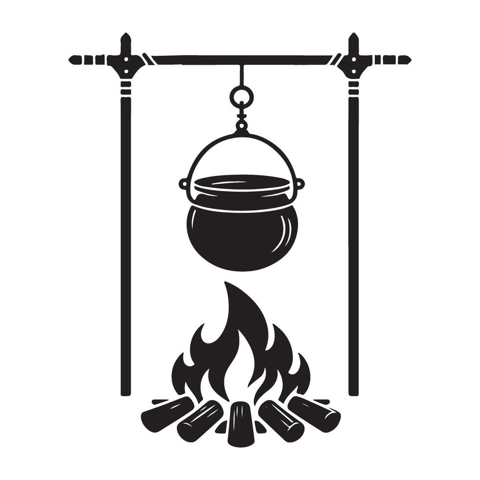 Hanging cauldron with stand over bonfire silhouette graphic vector