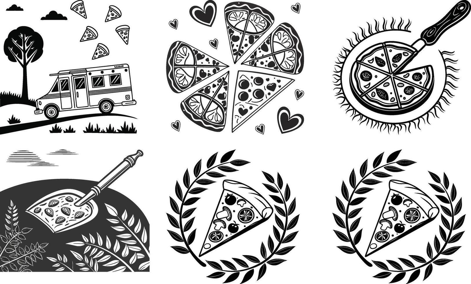 A set of four black and white illustrations of pizza, a truck, and a tree vector