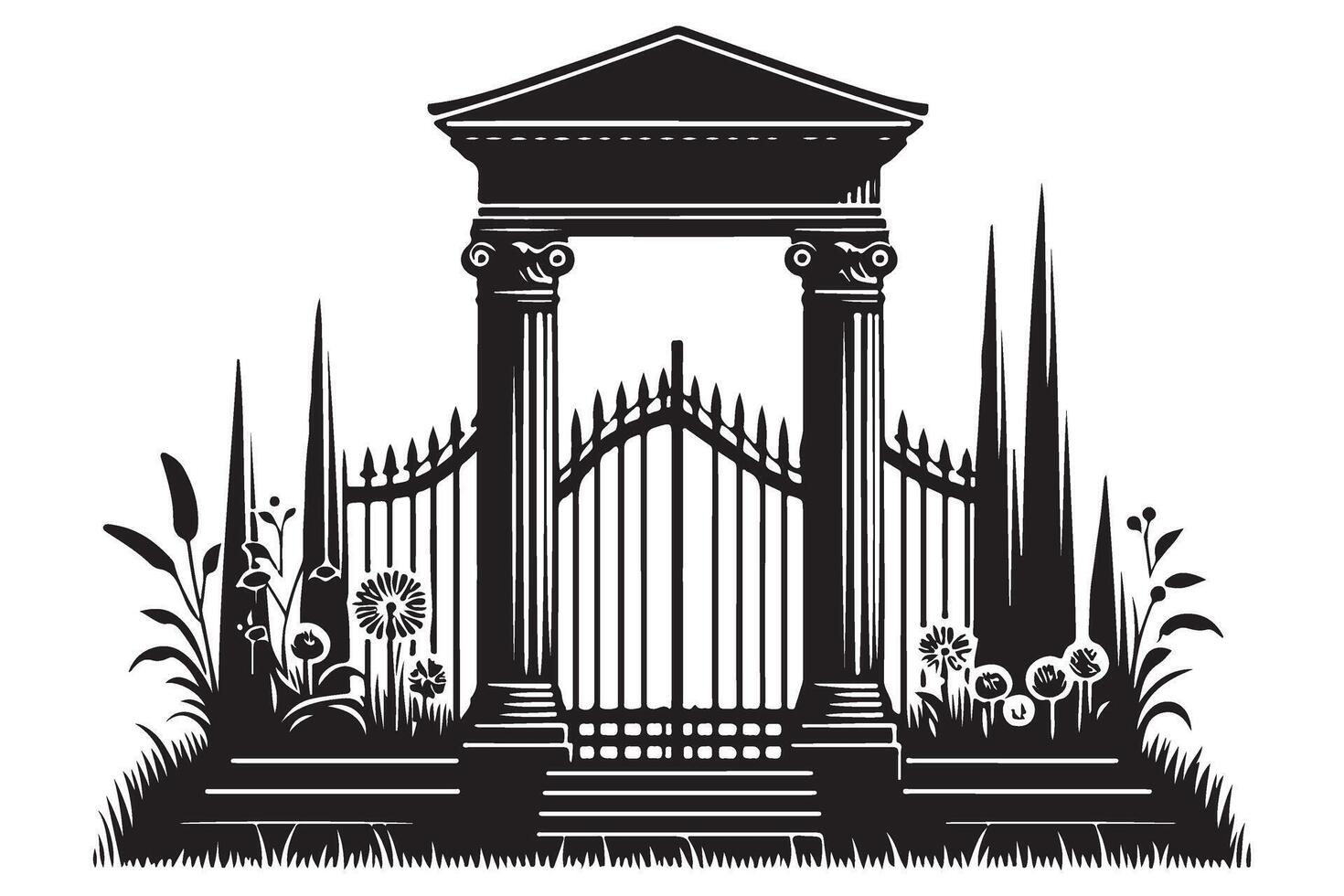 Silhouette of Ornamental Garden Gate with Floral Decoration vector