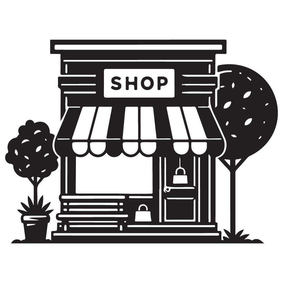 Detailed Storefront with Trees Silhouette Illustration for Business Promotion vector