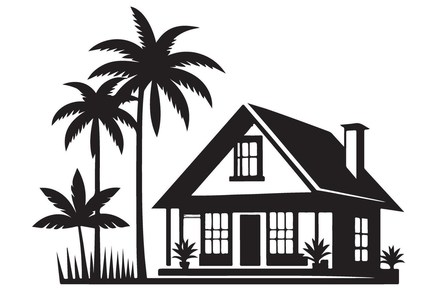 Detailed House with Palm Trees Silhouette Illustration vector