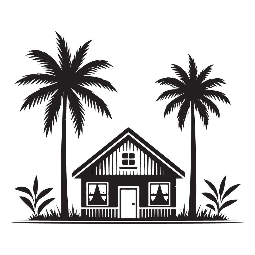Silhouette Tropical Cottage with Two Palm Trees Design Image vector