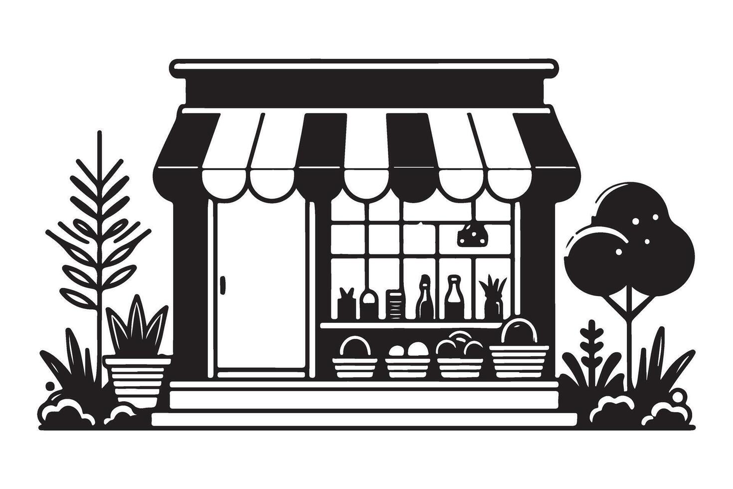 Grocer Shopfront Black and White Line Art Illustration Design vector