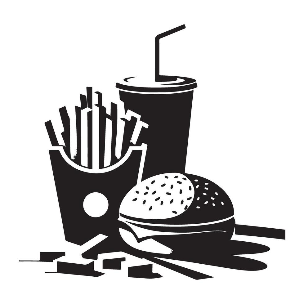 Silhouette of Fast Food Combo with Burger Fries and Soda Illustration vector