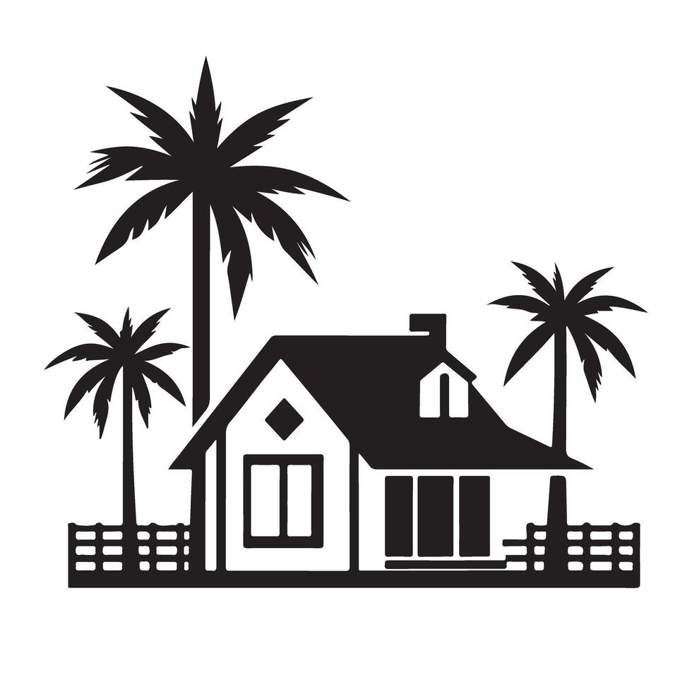 Tropical Beach House Illustration Palm Trees Silhouette Design vector
