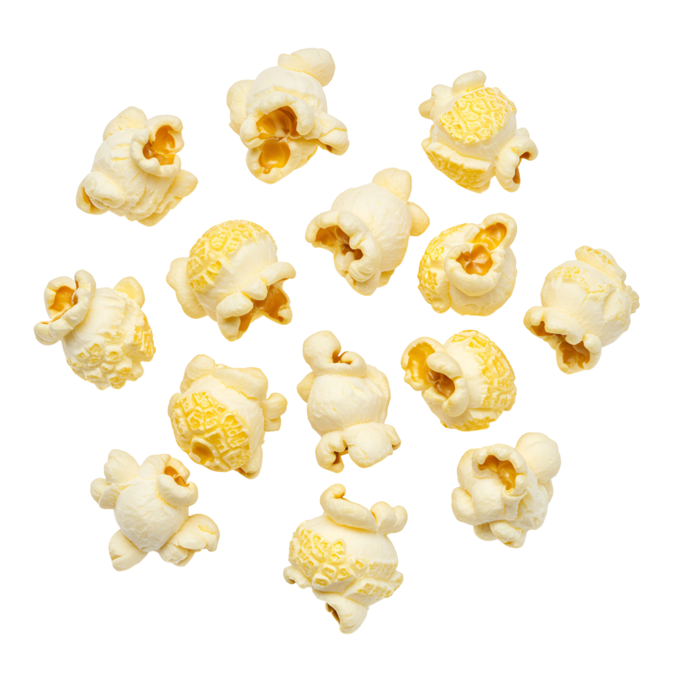 Scattered kernels of popcorn on a plain backdrop creating a simple and inviting composition of snack food transparent background png