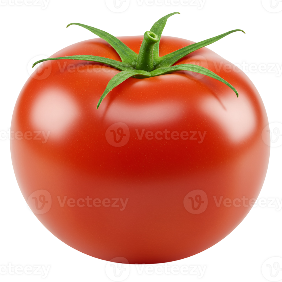 A single ripe red tomato with green stem and leaves isolated on a plain solid color background transparent background png