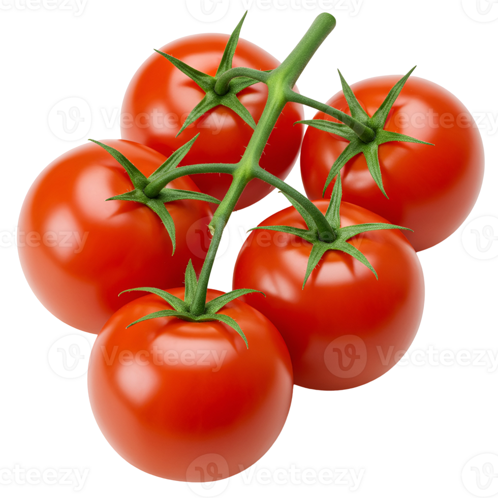 A vibrant bunch of tomatoes still attached to the vine on a plain isolated presentation view setup transparent background png