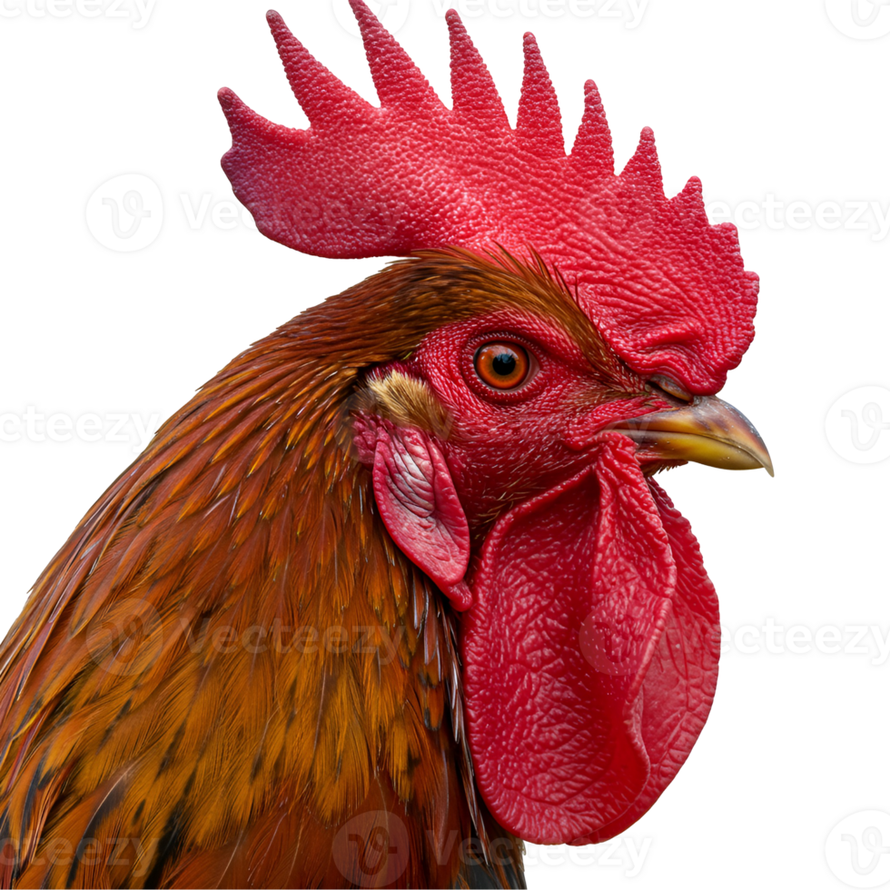 Close up profile of a rooster showcasing its vibrant plumage and detailed facial features in isolation transparent background png