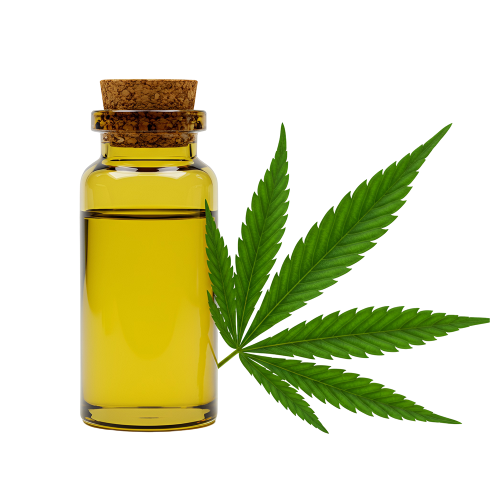Amber bottle with yellow liquid and green leaf against a plain setting for product presentation transparent background png