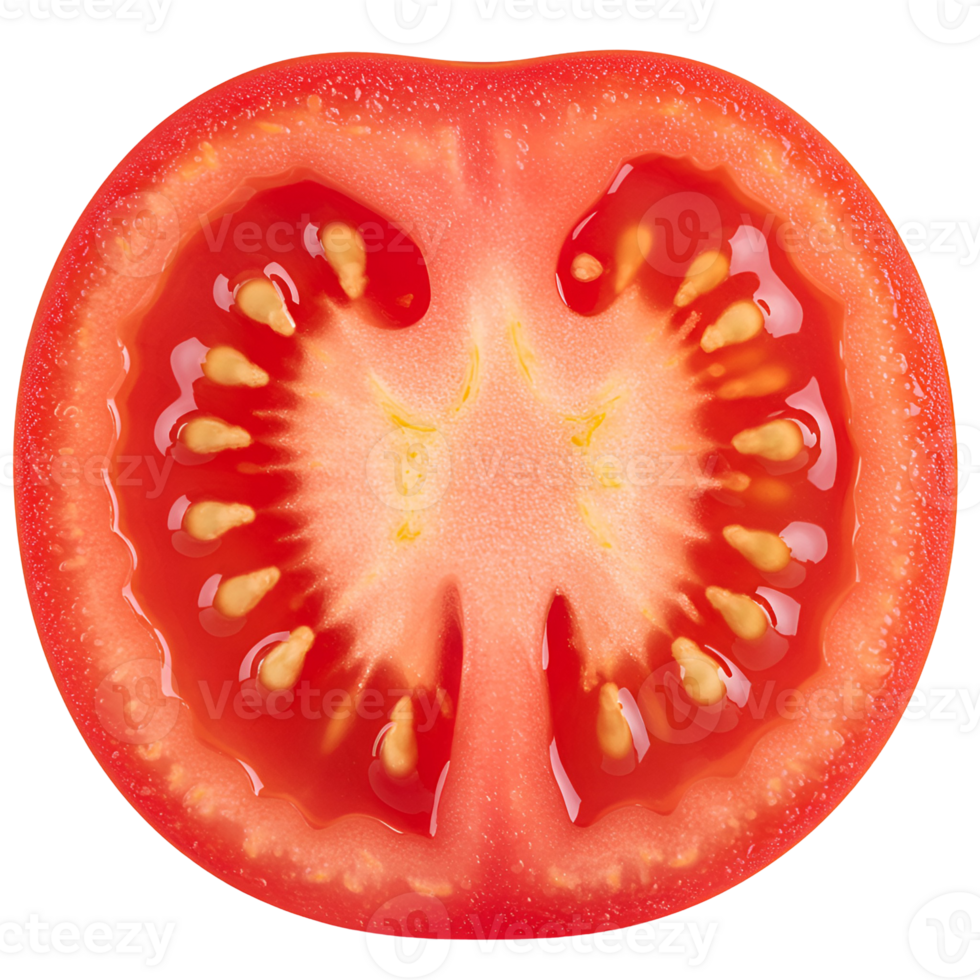 A cross section view of a ripe tomato showcasing its juicy interior and seeds in a vibrant close up shot transparent background png