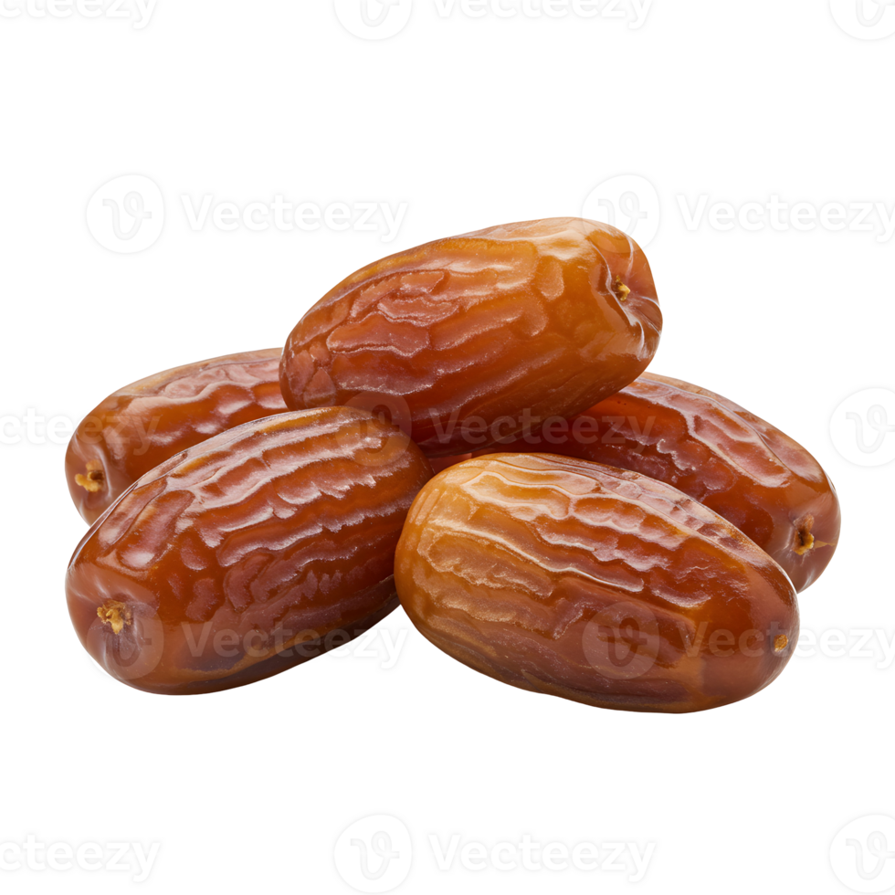 A close up studio shot of a small pile of five medjool dates on a plain neutral backdrop view transparent background png