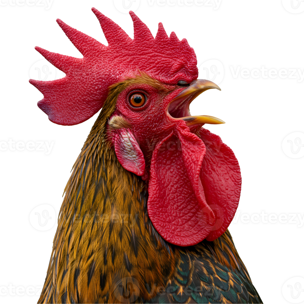 Close up view of a rooster with a red comb and wattle against a plain colored isolation field transparent background png
