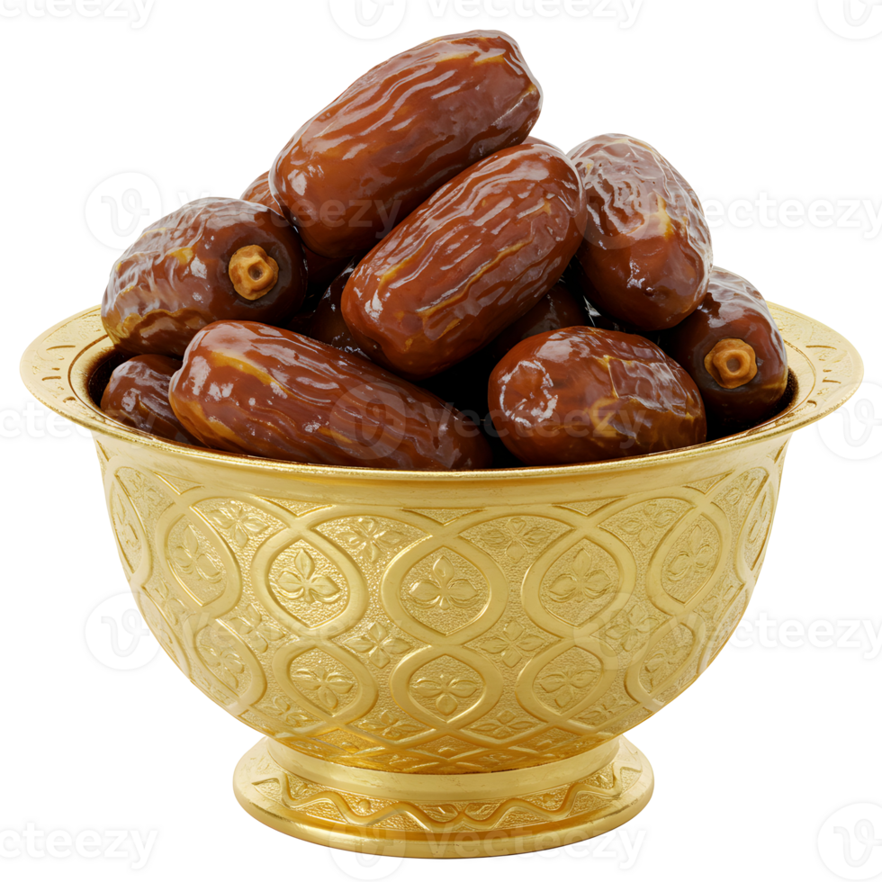 Golden bowl filled with fresh dates displayed against a plain light colored environment view from above transparent background png